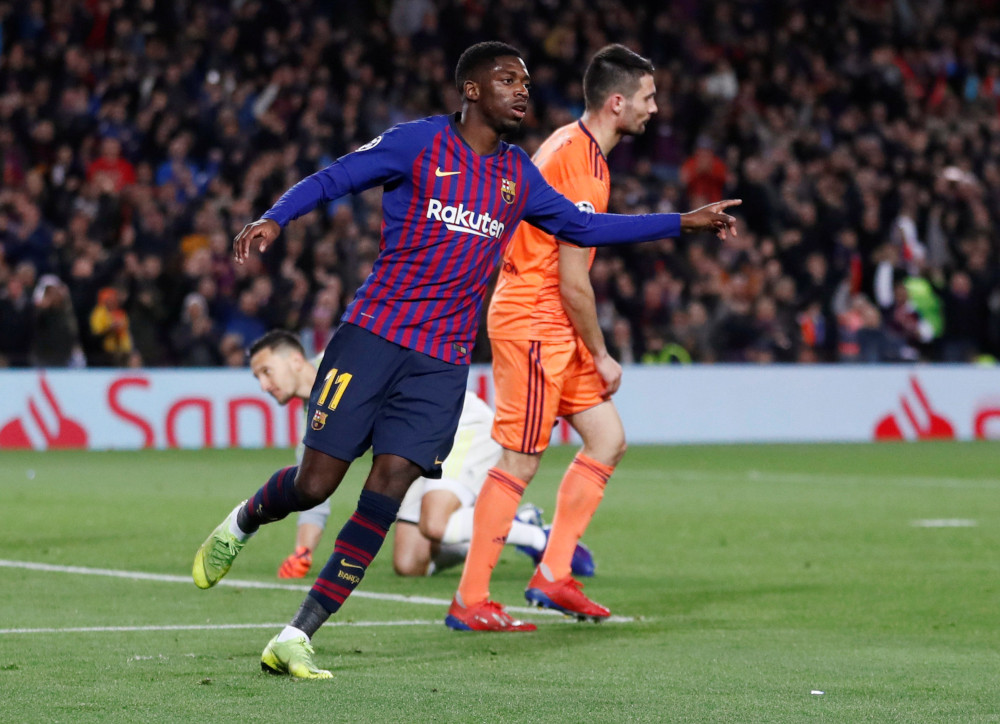 Barcelonau00e2u20acu2122s Ousmane Dembele celebrates scoring their fifth goal during the Champions League round of 16 second leg FC Barcelona v Olympique Lyonnais in Camp Nou, Barcelona, Spain, March 13, 2019. u00e2u20acu201d Reuters pic